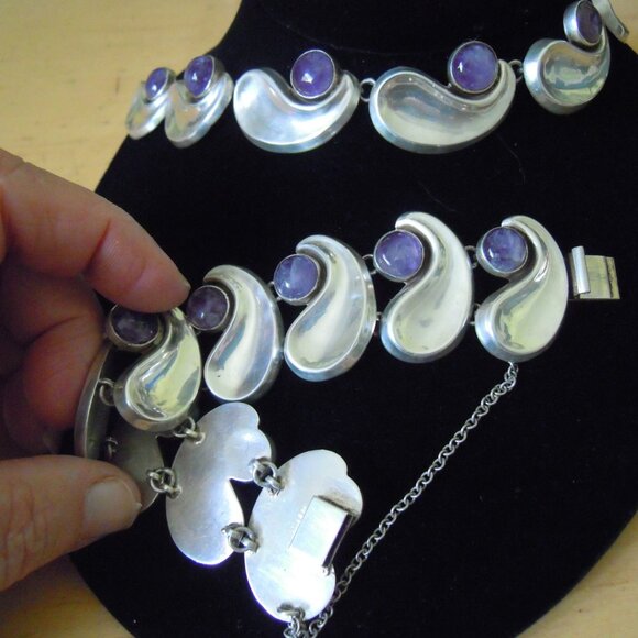 4 pc Antonio Pineda Taxco Silver 925 Comma Amethyst Necklace Bracelet Earrings - Picture 5 of 10